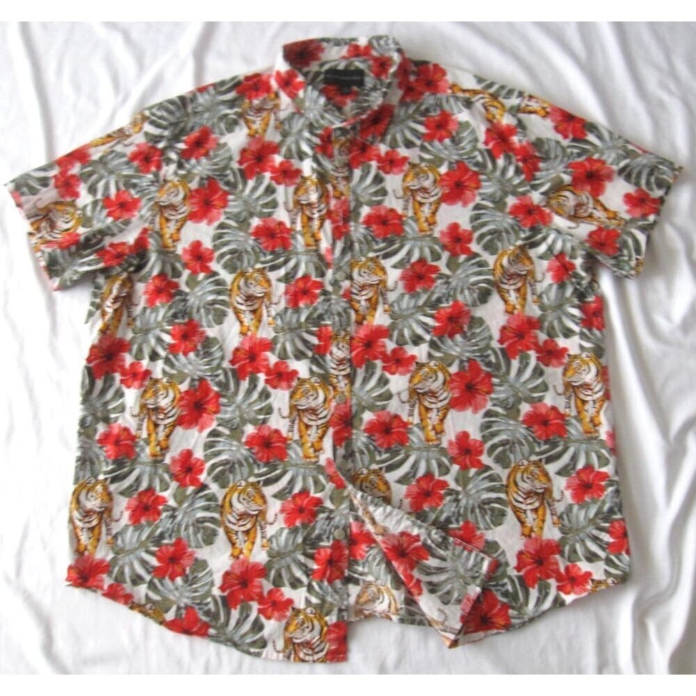 No Boundaries Men Floral Tropical Tiger Hibiscus Button Shirt Sz 3XL (MT915)